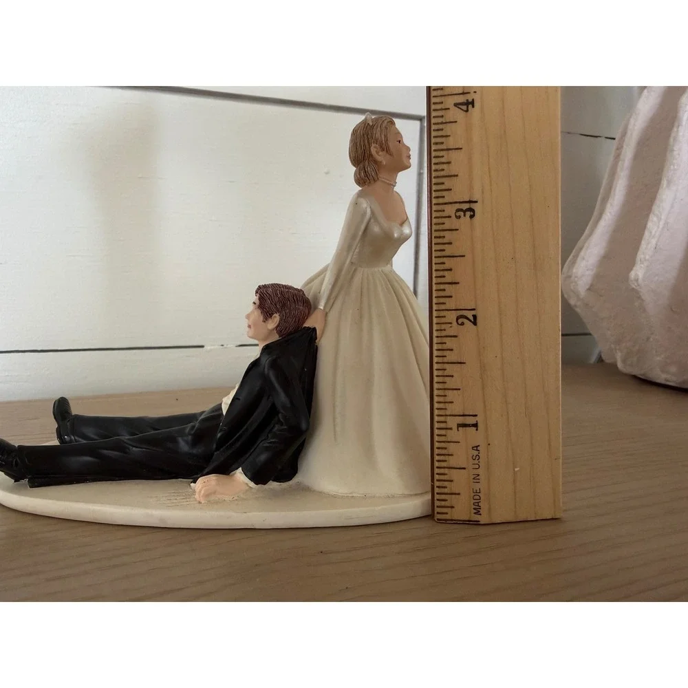 Funny Wedding Cake Topper Bride Dragging Groom Reluctant Novelty Figurine Resin